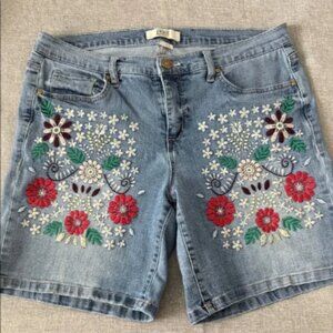 Vintage America Floral Embroidered slightly distressed Jean Shorts - Blue